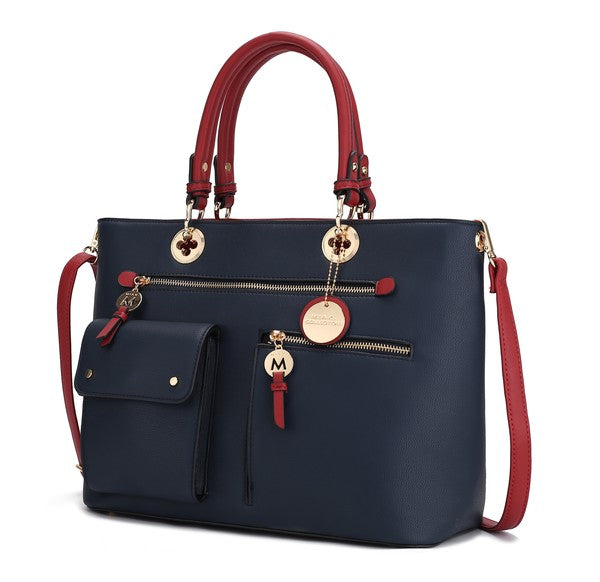 A striking Navy-Wine combination, showcasing the bag’s sophisticated color-block design and elegant gold-tone accents.