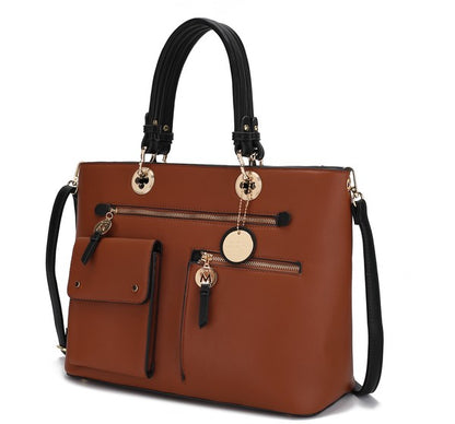 A bold Cognac-Black color-block Julia Satchel, emphasizing its timeless style and functional compartments.