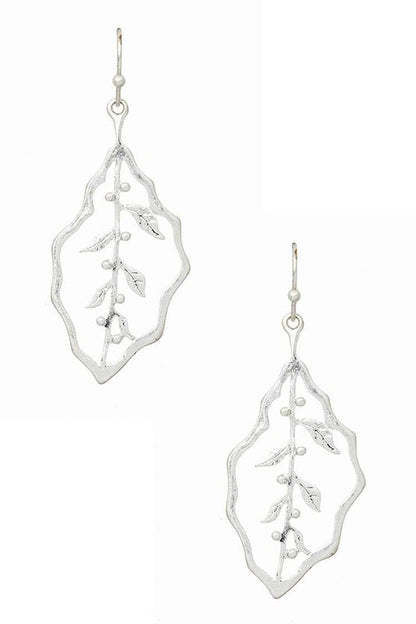 Leaf Vintage-Inspired Earrings in silver with intricate leaf detailing and 2-inch drop.