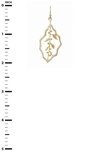 Leaf Vintage-Inspired Earrings in gold with 2-inch drop shown next to ruler for scale.