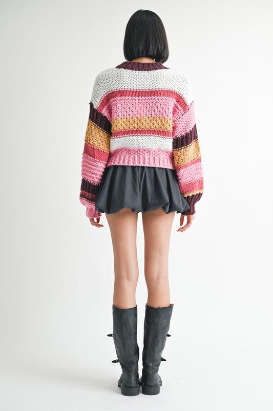 Kai Mock Neck Striped Sweater back view with wide colorful stripes and ribbed trim