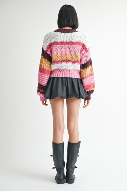 Kai Mock Neck Striped Sweater back view with wide colorful stripes and ribbed trim