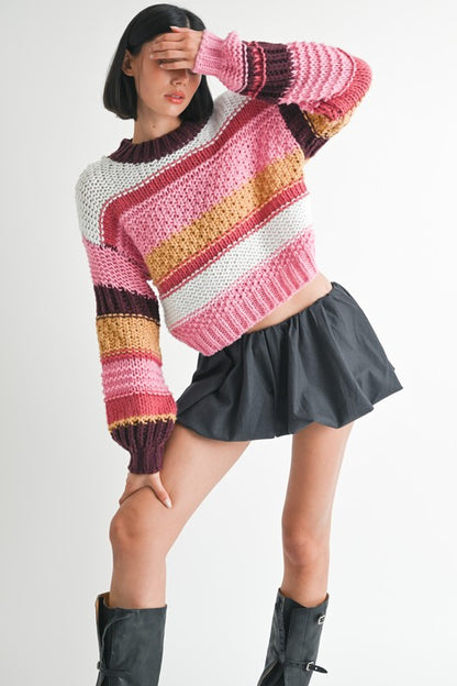 Kai Mock Neck Striped Sweater in pink multi with cropped hem and relaxed fit