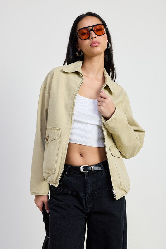 Front view of Aylin Sand Denim Jacket with collared design, zipper closure, and pockets