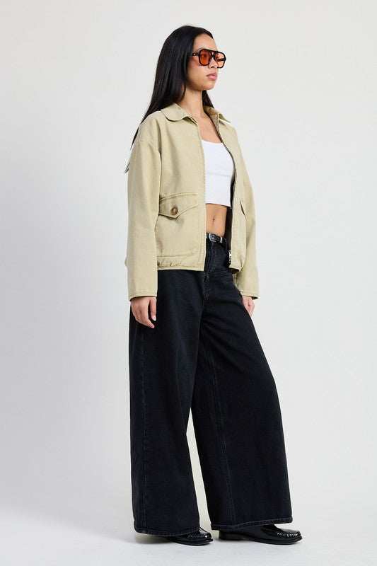 Side view of Aylin Sand Collared Denim Jacket showing structured fit and sleek lines