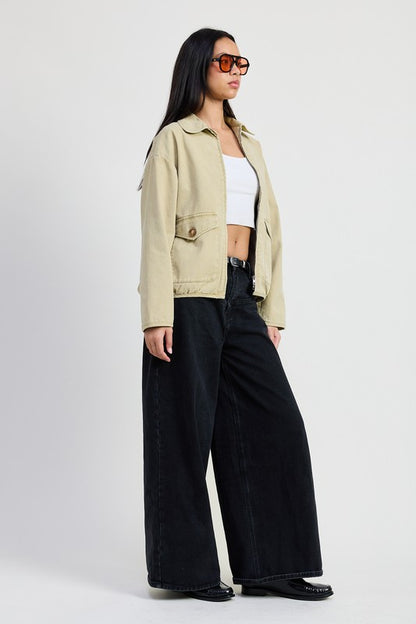 Side view of Aylin Sand Collared Denim Jacket showing structured fit and sleek lines