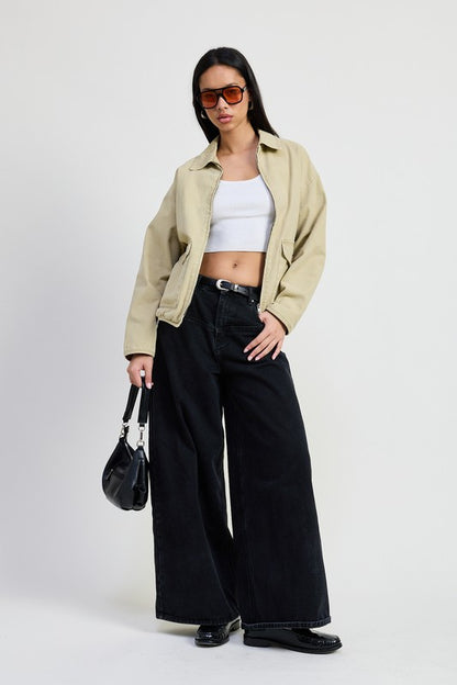 Full body view of Aylin Sand Denim Jacket with zipper closure and functional pockets