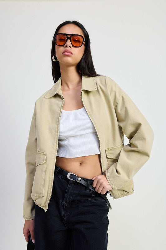 Front view of Aylin Collared Sand Denim Jacket with structured collar and long sleeves