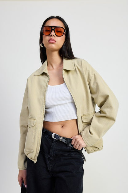 Front view of Aylin Collared Sand Denim Jacket with structured collar and long sleeves
