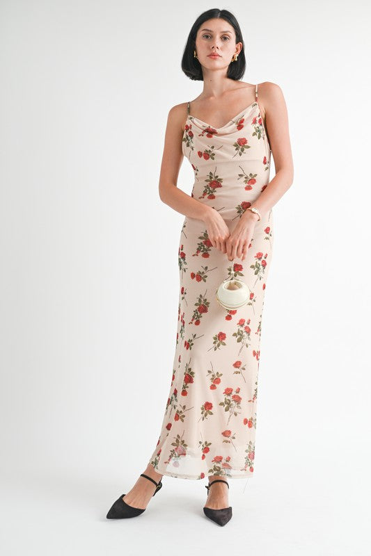 Front view of Rieka Rose Floral Maxi Dress with cowl neck and open back in romantic rose print.