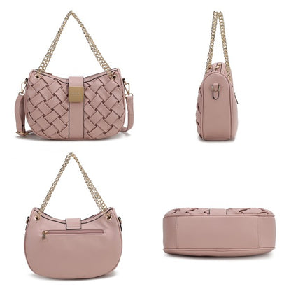 Collage of pink Solari Braided Chain Shoulder Bag showing front, side, back, and bottom views with woven exterior and gold-tone chain strap.