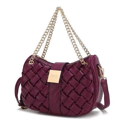 Burgundy Solari Braided Chain Shoulder Bag with woven texture and gold-tone chain strap.