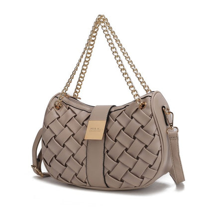 Beige Solari Braided Chain Shoulder Bag with woven exterior and gold-tone braided chain strap.