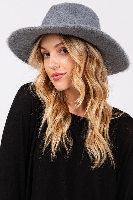 Halsey Fuzzy Fall Fedora Hat in Denim, wide brim and fuzzy textured finish.