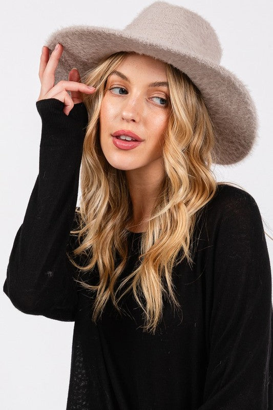 Halsey Fuzzy Fall Fedora Hat in Grey, fuzzy fedora with wide brim and soft finish