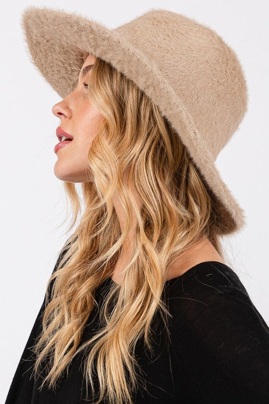 Halsey Fuzzy Fall Fedora Hat in Taupe, fuzzy fedora style hat with wide brim