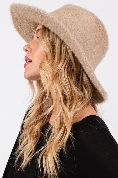 Halsey Fuzzy Fall Fedora Hat in Taupe, fuzzy fedora style hat with wide brim