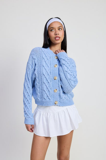 Caroline Chunky Knit Cardigan in sky blue with button front and relaxed fit