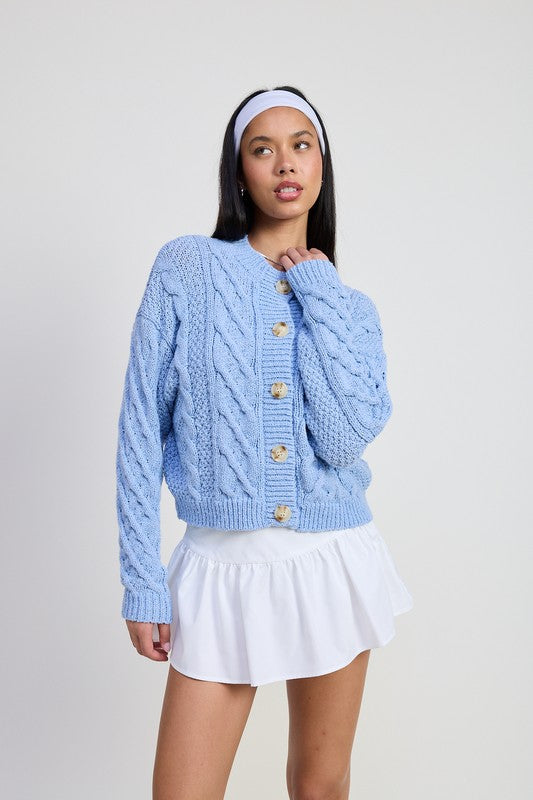 Caroline Chunky Knit Cardigan in sky blue with button front and relaxed fit