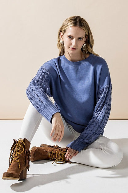 Jodie Sweater in denim blue, contrast textured sleeves