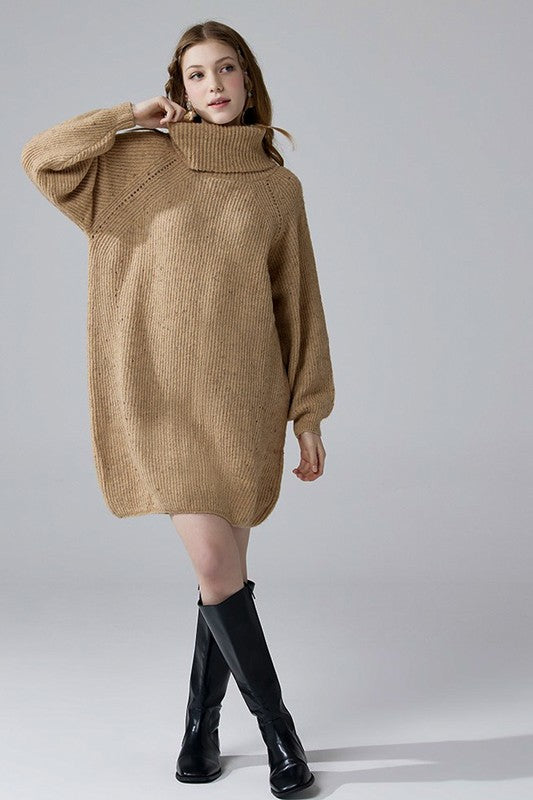 Front view taupe Ottilie turtleneck balloon confetti sweater dress.