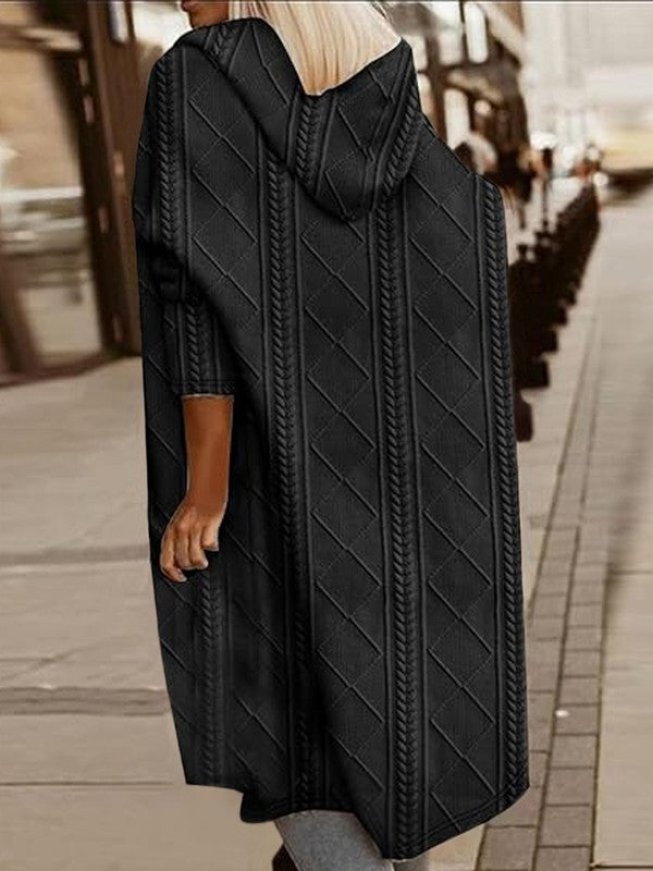 Makeda Hooded Cable Knit Cardigan in black, back view showing length.