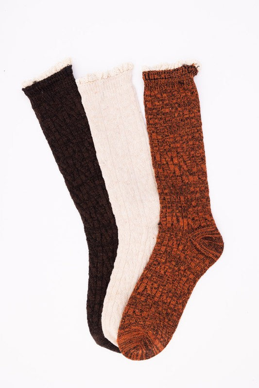 Samara Ribbed Ruffle-Trim Socks - 100% Cotton, Dark Brown, Natural, Rust