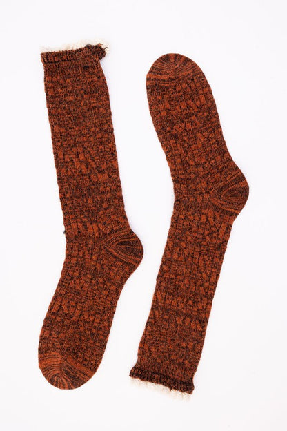 Samara Ribbed Ruffle-Trim Socks - 100% Cotton, Dark Brown, Natural, Rust