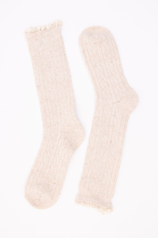 Samara Ribbed Ruffle-Trim Socks - 100% Cotton, Dark Brown, Natural, Rust