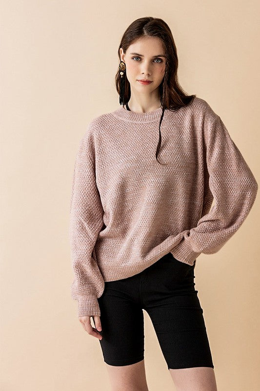 Plus size Taupe balloon sleeve sweater heathered knit fabric.