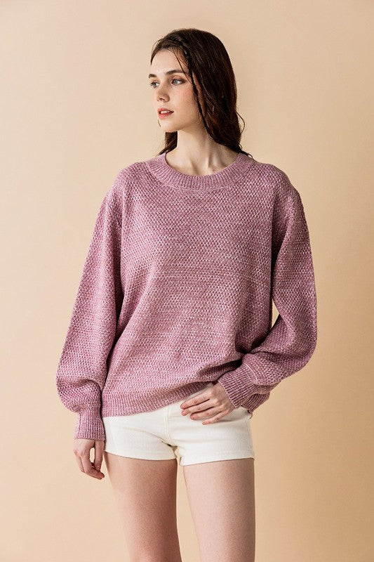 Plus size front view Light Rose Rox Neck Balloon Sleeve Sweater.