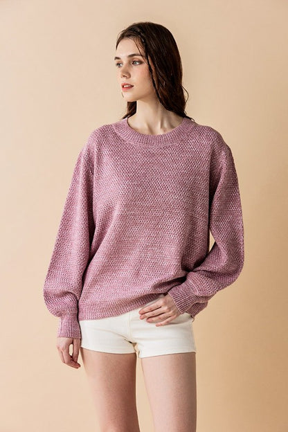 Plus size front view Light Rose Rox Neck Balloon Sleeve Sweater.