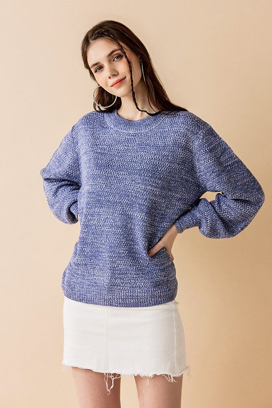 Plus size front view Denim Rox Neck Balloon Sleeve Sweater knit.