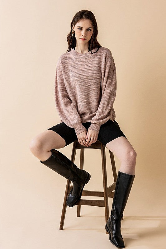 Plus size front view Taupe Rox Neck Balloon Sleeve Sweater knit.