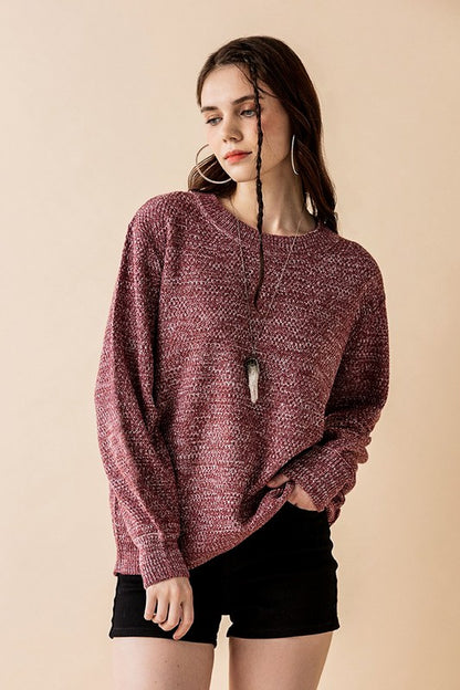 Plus size front view Marsala Rox Neck Balloon Sleeve Sweater knit.