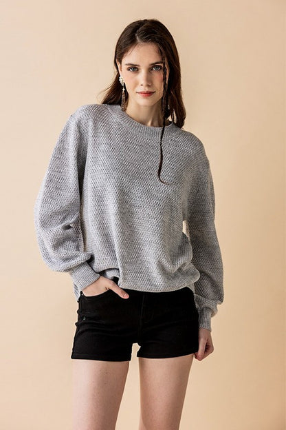 Plus size front view Heather Gray Rox Neck Balloon Sleeve Sweater.