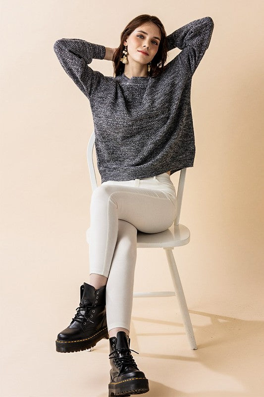 Plus close up Charcoal balloon sleeves on Rox Neck Sweater knit.