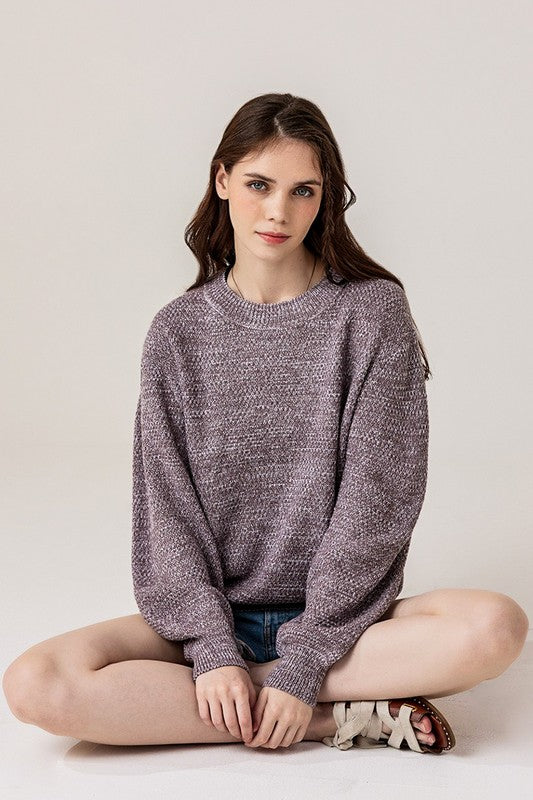 Plus back view Cocoa round neck knit sweater with balloon sleeves.