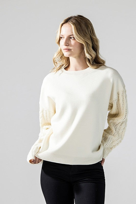 Ivory Jodie Plus Size Sweater front view with cable knit sleeves