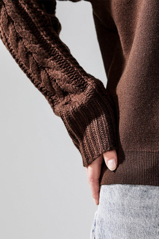 Chocolate Jodie Plus Size Sweater close-up of cable knit sleeve