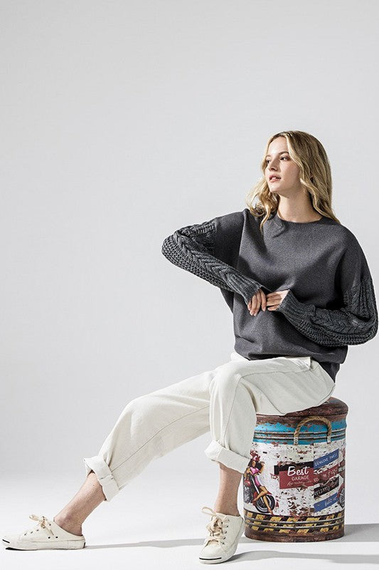 Charcoal Jodie Plus Size Sweater front view with cable sleeves