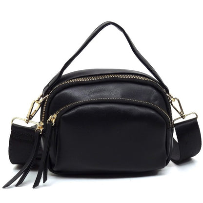 Front view of the black Cadie Top Handle Crossbody Bag with gold-tone hardware and structured top handle