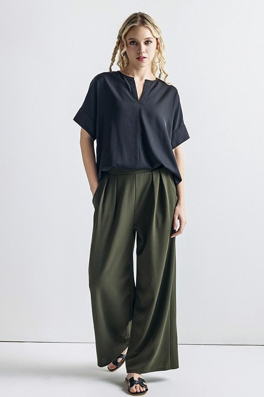 Ember Plus Size Crepe Wide Leg Pants in olive front view wide-leg shape