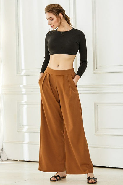 Ember Plus Size Crepe Wide Leg Pants in cinnamon front view high-rise fit