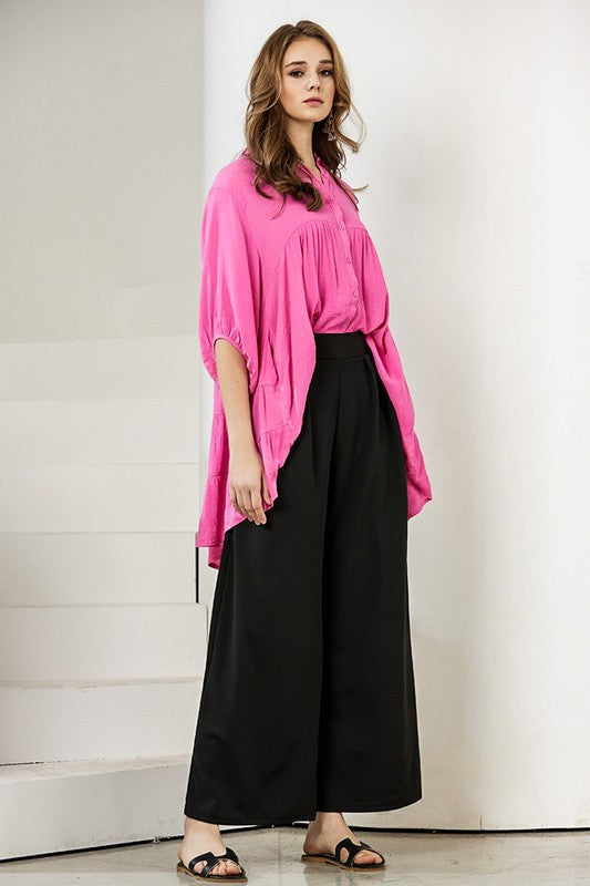 Ember Plus Size Crepe Wide Leg Pants in black front view pleated design