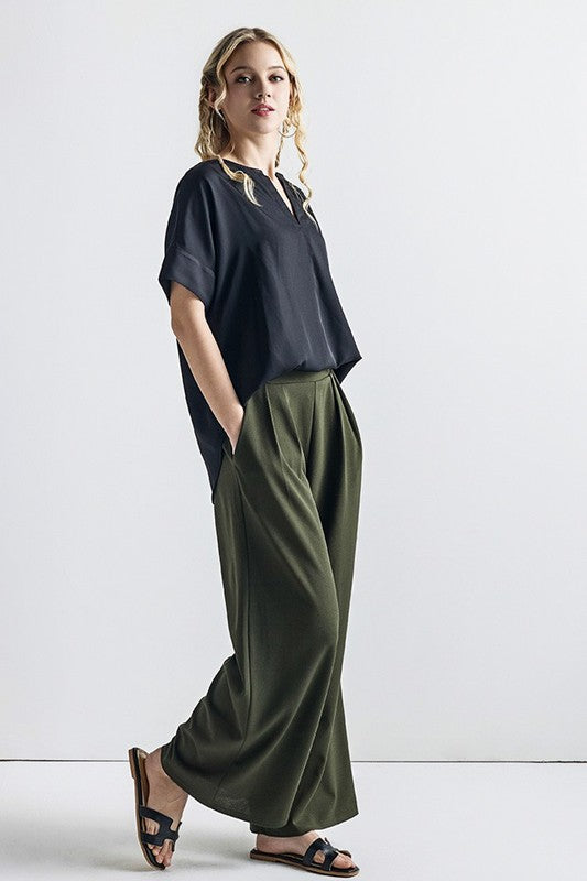 Ember Plus Size Crepe Wide Leg Pants in olive front view high-rise detail