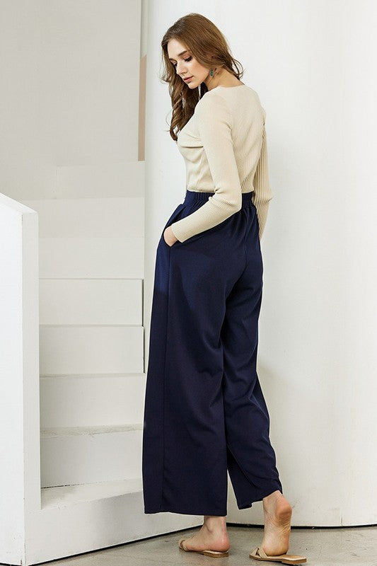 Ember Plus Size Crepe Wide Leg Pants in navy back view high-rise silhouette