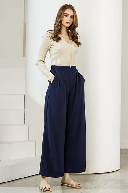 Ember Plus Size Crepe Wide Leg Pants in navy front view classic fit