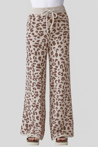 Aleah Plus Size Leopard Lounge Pants in cream with camel leopard spots and soft fuzzy knit
