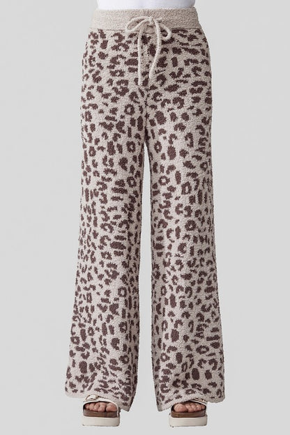 Aleah Plus Size Leopard Lounge Pants in taupe with coco leopard spots and soft fuzzy knit